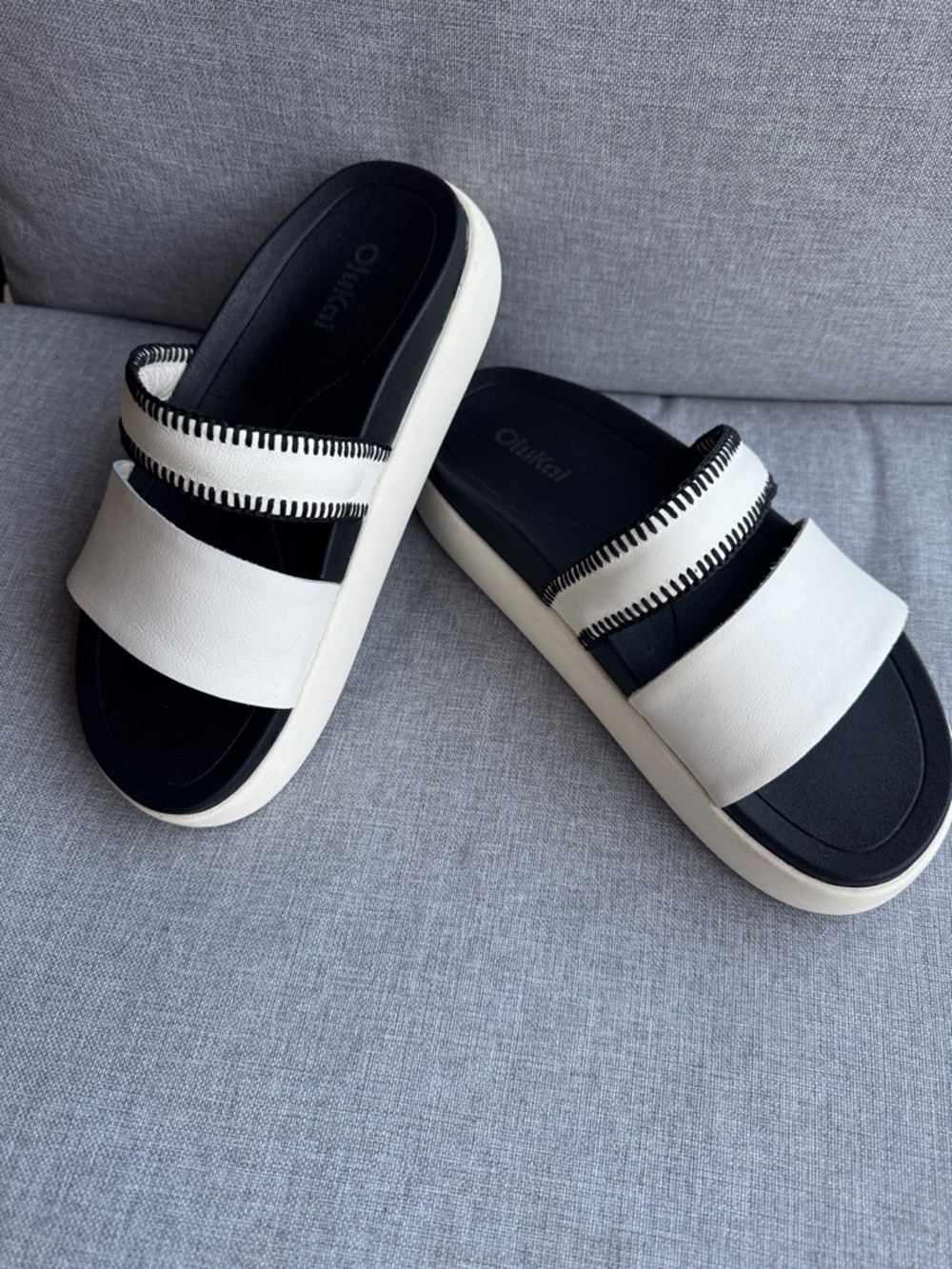 OluKai Black and White Double-Strap Platform Slides